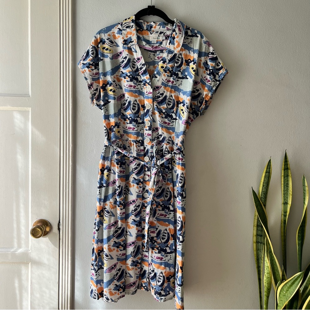 Boden• Retro Rowboats Cotton Linen Belted Fit & Flare Shirt Dress•Size 10 - Picture 10 of 16